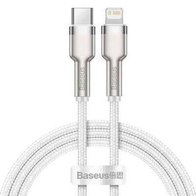Cablu alimentare si date baseus cafule metal, fast charging data cable pt. smartphone, usb type-c la lightning iphone pd 20w, brodat, 1m, alb