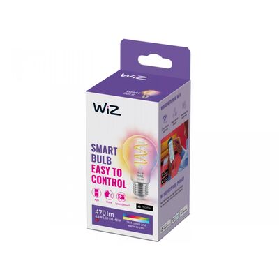 Bec led rgb inteligent wiz connected filament clear a60, wi-fi, e27, 6.3w (40w), 470 lm, lumina alba si color (2200-6500k), compatibil google assistant/alexa/siri