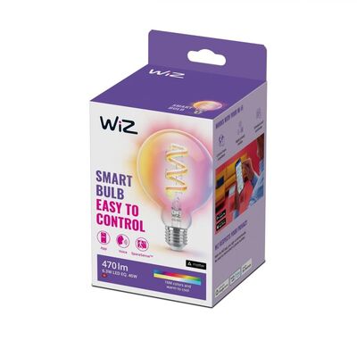 Bec led rgb inteligent wiz connected filament clear g95, wi-fi, e27, 6.3w (40w), 470 lm, lumina alba si color (2200-6500k), compatibil google assistant/alexa/siri