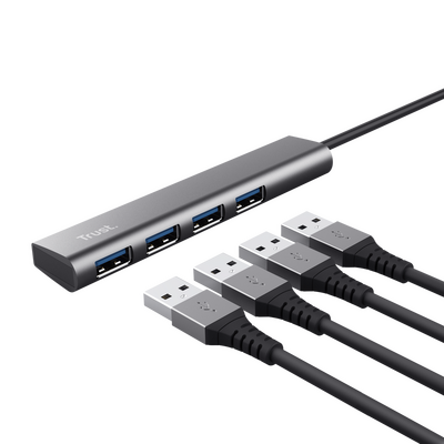 Hub usb trust halyx, usb-a la 4 x usb-a 3.2 gen 1, dimensiune cablu 10cm, din aluminiu, argintiu