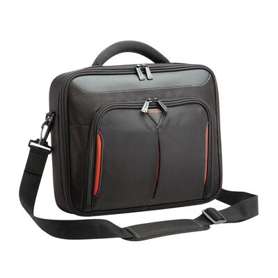 Geanta laptop targus classic+ clamshell, pentru laptopuri de 15.6", dimensiuni: 42 x 8 x 38cm, dimensiuni compartiment laptop: 38.7 x 2.5 x 26.5 cm, greutate 0.68 kg, negru/rosu