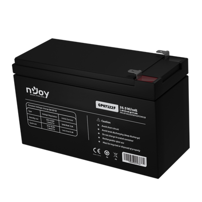 Acumulator njoy gp07122f 12v 23.51w/cell  battery model gp07122f voltage 12v power (1,65v/cell@15 min) 23.51w/cell type vrla - maintanance free designed floating life 3~5 years nominal operating temp. range 25o c ± 3o c terminal f2 terminal -faston tab 25