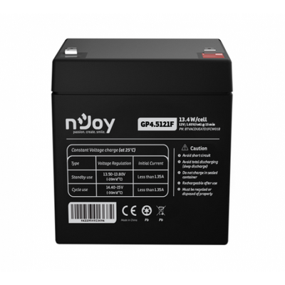 Acumulator njoy gp4.5121f 12v capacitate 14,95w/cell evaluat la 1.65v/cell @ 15 min, tensiune 12v, tip vrla, caracteristici sigilata complet si fara intretinere, peste 260 de cicluri la 100% dod, utilizare standard 3-5 ani, auto-descarcare redusa, conecto